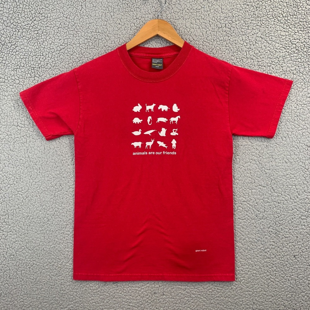 VTG Giant Robot T Shirt Adult Small Red Animals Are Our Friends Tee USA Made